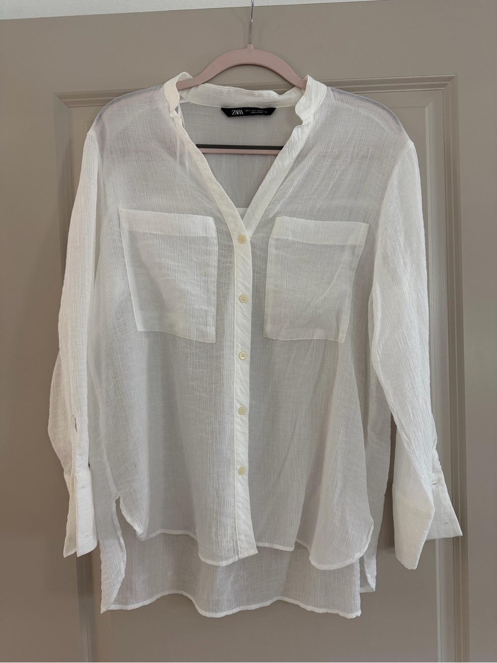 Zara Sheer White Relaxed Button-Down Shirt